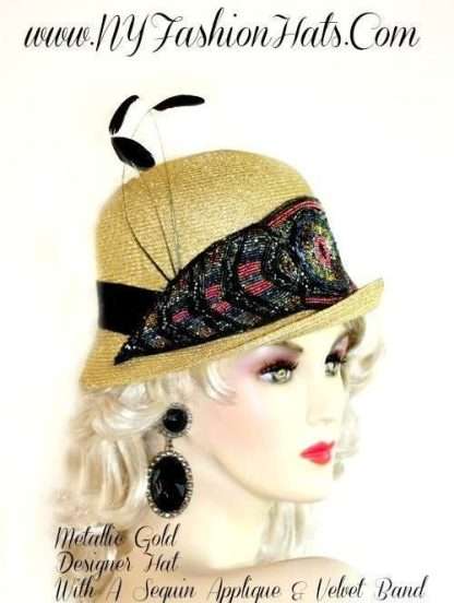 Metallic Gold Cloche Beaded Designer Dress Hat