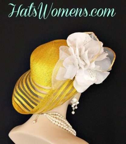 Metallic Gold White Wide Brim Designer Fashion Wedding Hat