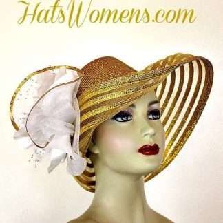 Metallic Gold White Wide Brim Designer Fashion Wedding Hat