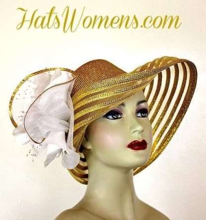 Metallic Gold White Wide Brim Designer Fashion Wedding Hat