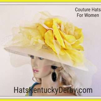 Motf Premium Couture Designer White Yellow Big Flower Hat