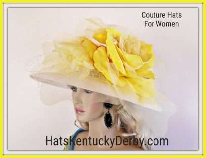 Motf Premium Couture Designer White Yellow Big Flower Hat