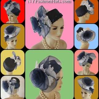 Navy Blue White Haute Couture Pillbox Hat