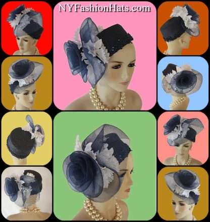 Navy Blue White Haute Couture Pillbox Hat