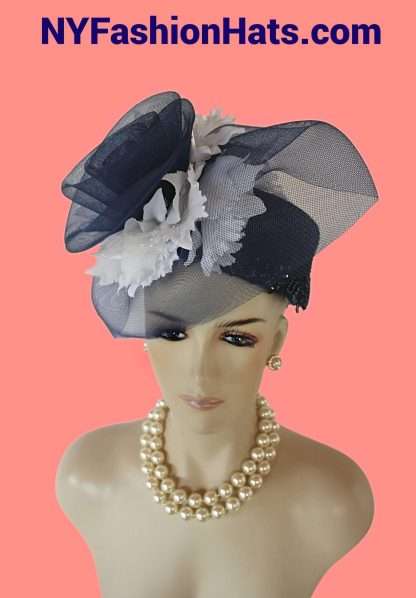 Navy Blue White Haute Couture Pillbox Hat