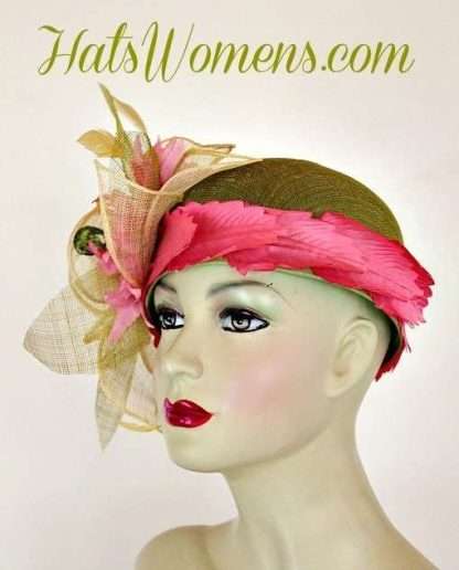 Olive Lime Green Ivory Sinamay Straw Cloche Flapper Wedding Bridal Cocktail Pillbox Hat With Hot Pink Flowers