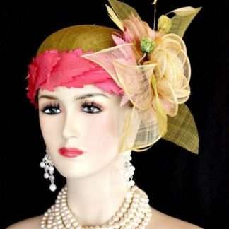 Olive Lime Green Ivory Sinamay Straw Cloche Flapper Wedding Bridal Cocktail Pillbox Hat With Hot Pink Flowers