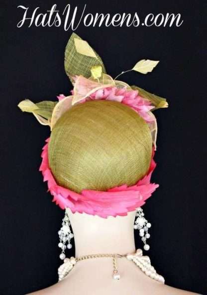 Olive Lime Green Ivory Sinamay Straw Cloche Flapper Wedding Bridal Cocktail Pillbox Hat With Hot Pink Flowers