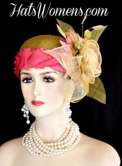 Olive Lime Green Ivory Sinamay Straw Cloche Flapper Wedding Bridal Cocktail Pillbox Hat With Hot Pink Flowers