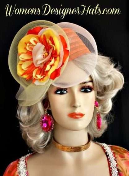 Orange Yellow Ivory Luxury Designer Cocktail Hat Headpiece