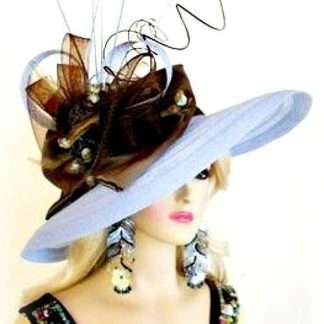 Pastel Blue And Brown Wide Brim Designer Ladies Tea Hat Church Hats P74