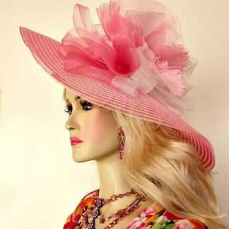 Pink White Wide Brim Kentucky Derby Oaks Hat