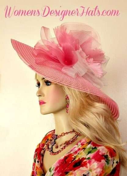 Pink White Wide Brim Kentucky Derby Oaks Hat