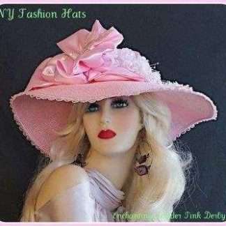 Pink Wide Brimmed Sequin Satin Bow Flowers Designer Hat For Women 9q