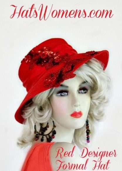 Red Satin Designer Fashion Hat With Sequin