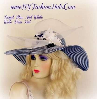 Royal Blue And White Wide Brim Designer Hat With Flowers Ladies Hats