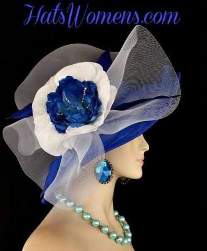 Royal Blue White Wide Brim Designer Formal Special Occasion Wedding Hat