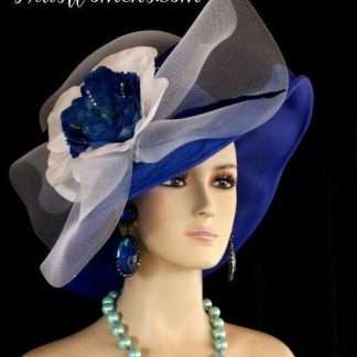 Royal Blue White Wide Brim Designer Formal Special Occasion Wedding Hat