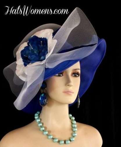 Royal Blue White Wide Brim Designer Formal Special Occasion Wedding Hat