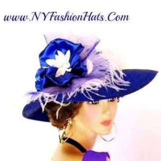 Royal Blue White Wide Brim Dressy Church Wedding Hat For Women 3vck