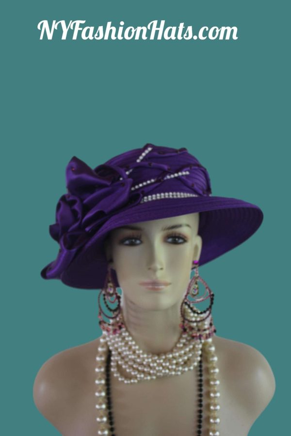 Satin Hat Big Brim Purple White