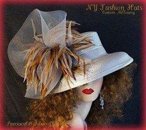 Silver Grey Designer Hat With Brown Grey Beige Tan Feathers