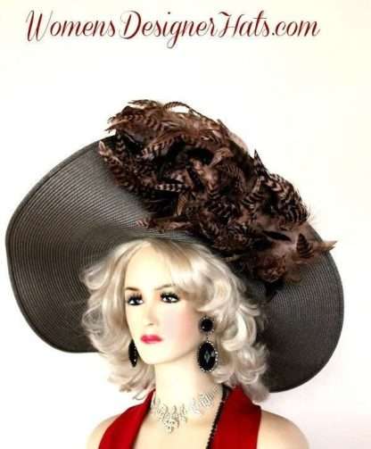 Taupe Wide Brim Pink Brown Feathers Kentucky Derby Hat