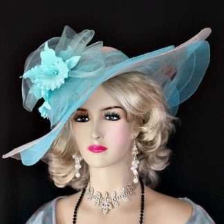 Turquoise Aqua Blue White Wide Brim Kentucky Derby Hat