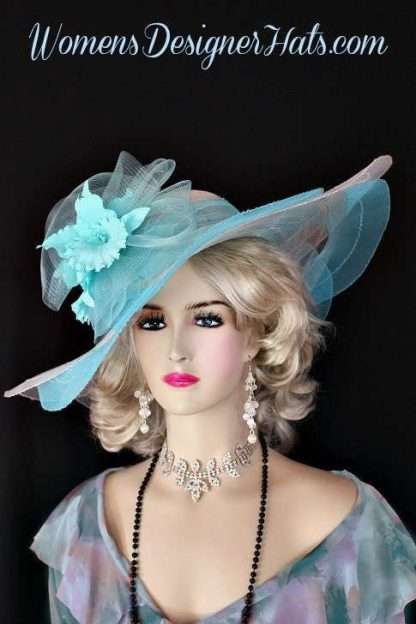 Turquoise Aqua Blue White Wide Brim Kentucky Derby Hat