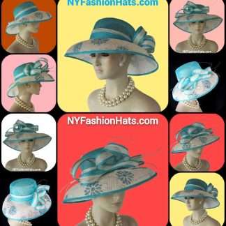 Turquoise Blue Beige Sinamay Straw Hat Women