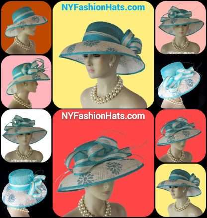 Turquoise Blue Beige Sinamay Straw Hat Women