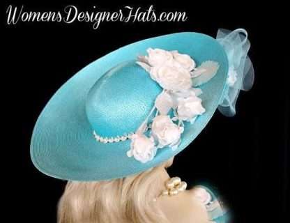 Turquoise Blue Designer Church Hat White Roses