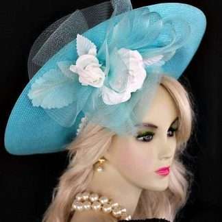 Turquoise Blue Designer Church Hat White Roses