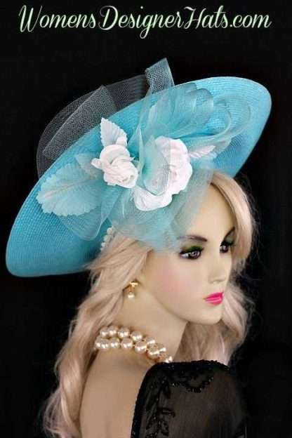 Turquoise Blue Designer Church Hat White Roses