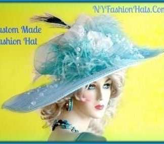 Turquoise Blue White Wide Brim Dress Church Hat Ladies Fashion Hats