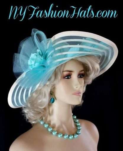 Turquoise Ivory Designer Hat Kentucky Derby Run For The Roses Hats