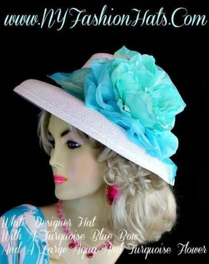 White Aqua Turquoise Blue Designer Hat