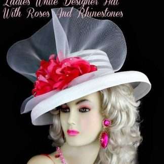 White Designer Formal Hat With Pink Roses Rhinestones