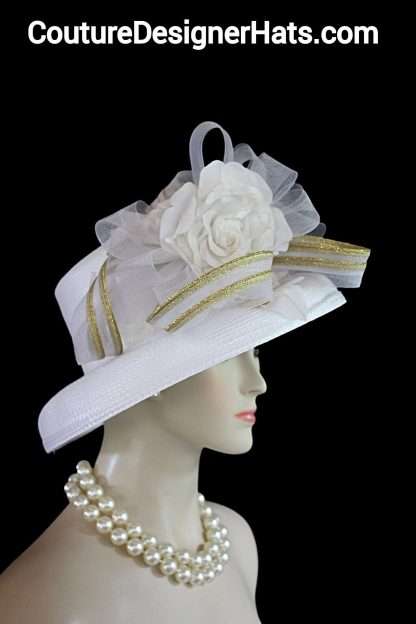 White Metallic Gold Large Brim Dress Hat