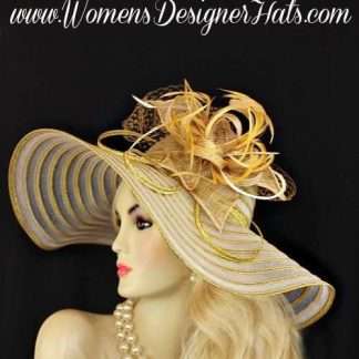 White Metallic Gold Wide Brim Designer Fashion Hat