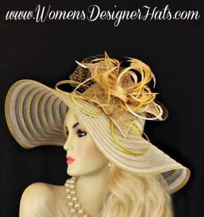 White Metallic Gold Wide Brim Designer Fashion Hat