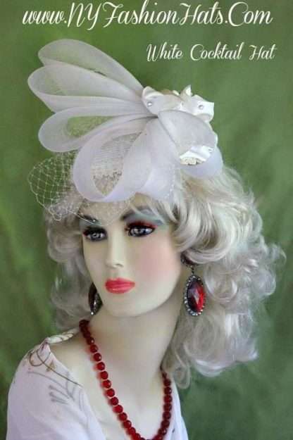 White Satin Straw Pillbox Hat Russian Face Veil