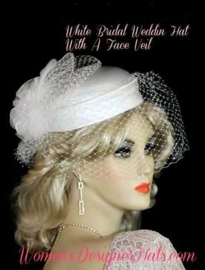 White Satin Wedding Bridal Hat Headpiece With A Veil Bridal Brides Cocktail Hats Pillbox