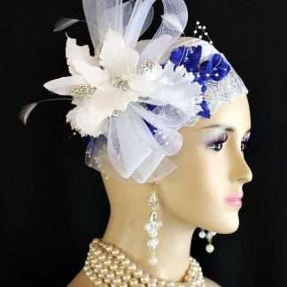 White Silver Royal Blue Satin Rhinestone Cloche Pillbox Cocktail Hat Flapper 1920's Art Deco