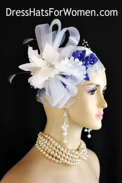 White Silver Royal Blue Satin Rhinestone Cloche Pillbox Cocktail Hat Flapper 1920's Art Deco