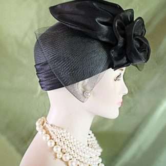 Women's Black Designer Satin Straw Dress Hat