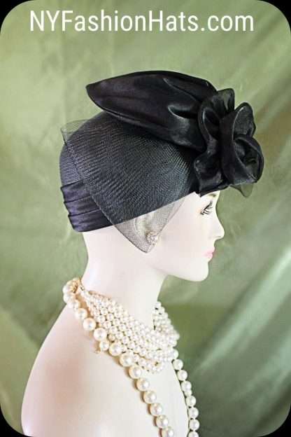 Women's Black Designer Satin Straw Dress Hat