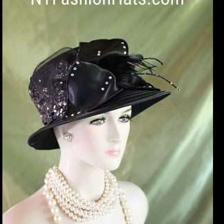 Women's Black Embroidered Designer Satin Dress Hat