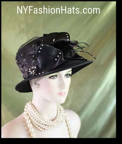 Women's Black Embroidered Designer Satin Dress Hat