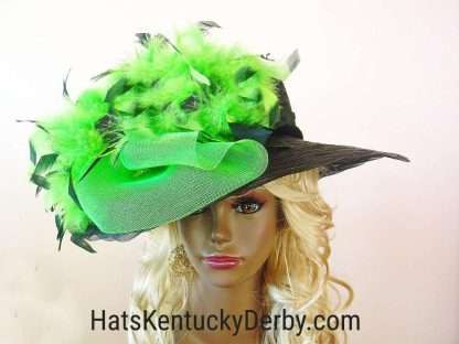 Women's Black Lime Green Wide Brim Couture Designer Hat